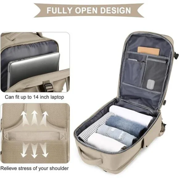 Unisex Large Travel Backpack Waterproof Rucksack Casual Daypack, Khaki - Picture 6 of 6